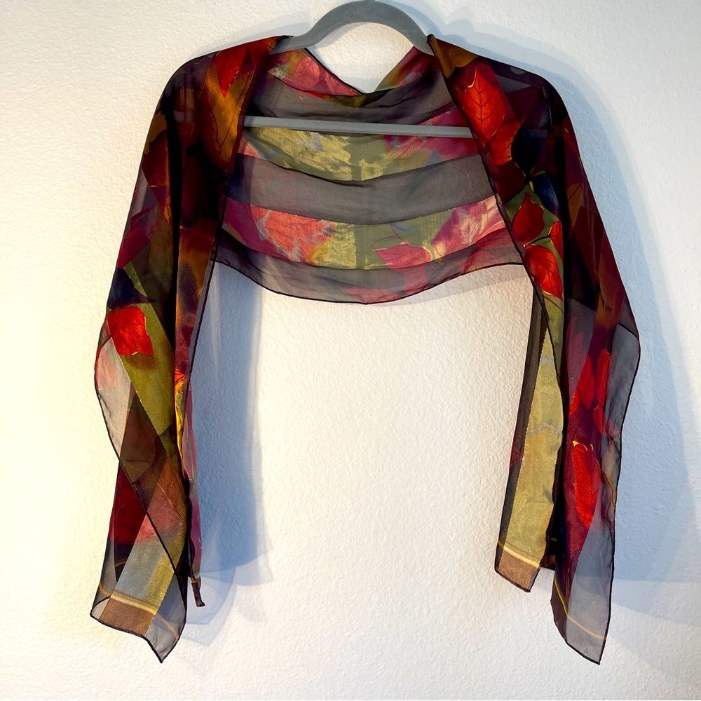 Jewel Tone Chiffon Sateen Scarf Sheer And Solid Leaf Pattern Gold Trim